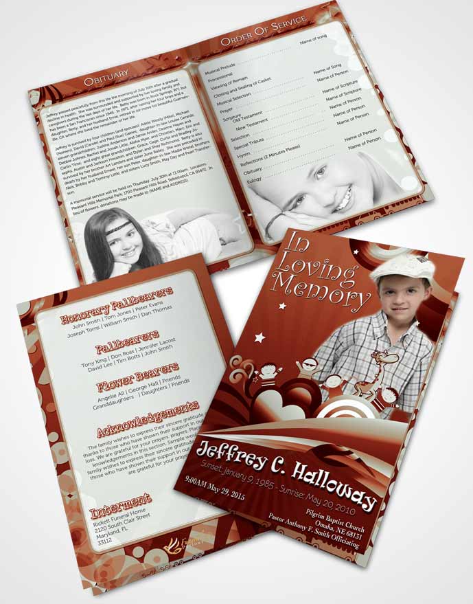 Bifold Order Of Service Obituary Template Brochure Red Laughter Childs Journey