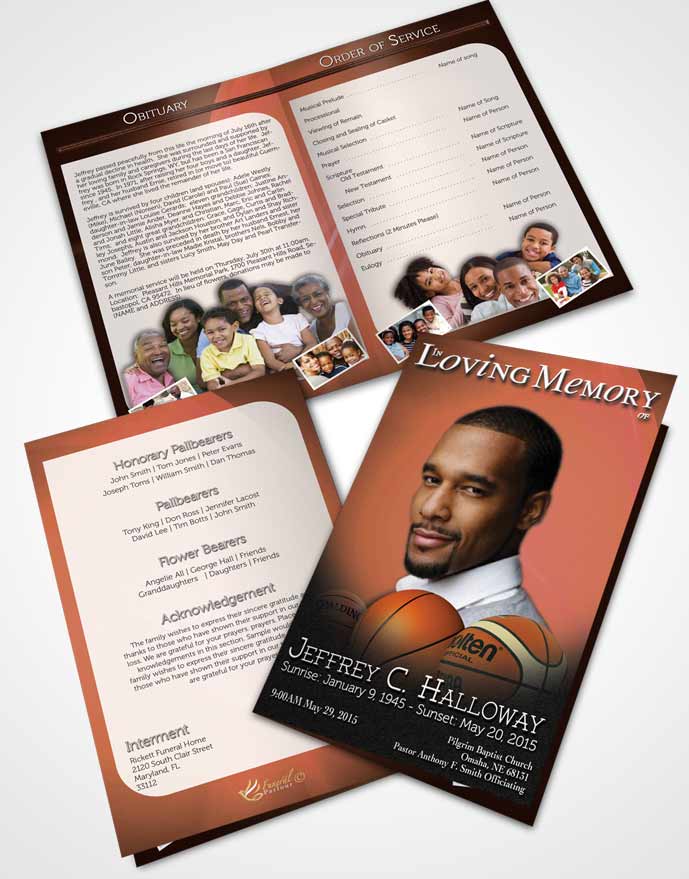 Bifold Order Of Service Obituary Template Brochure Ruby Night Basketball Lover Light