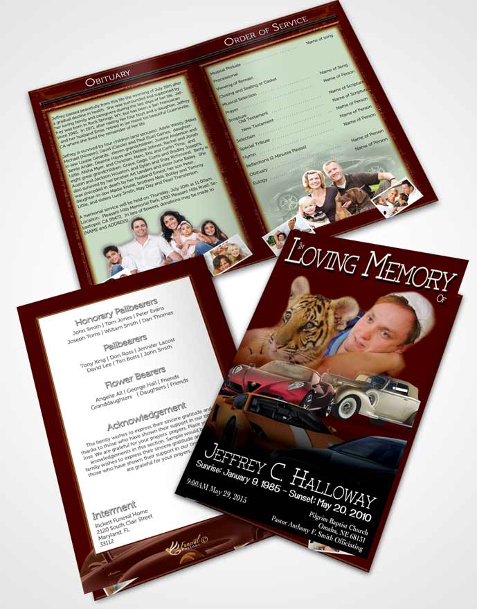 Bifold Order Of Service Obituary Template Brochure Ruby Red Car Enthusiast