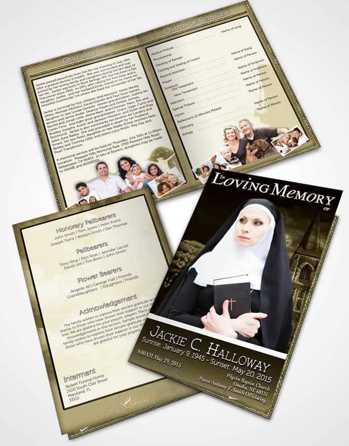 Bifold Order Of Service Obituary Template Brochure Rustic Heavenly Nun