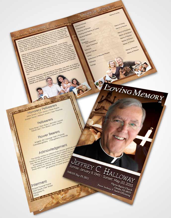 Bifold Order Of Service Obituary Template Brochure Rustic Heavenly Priest