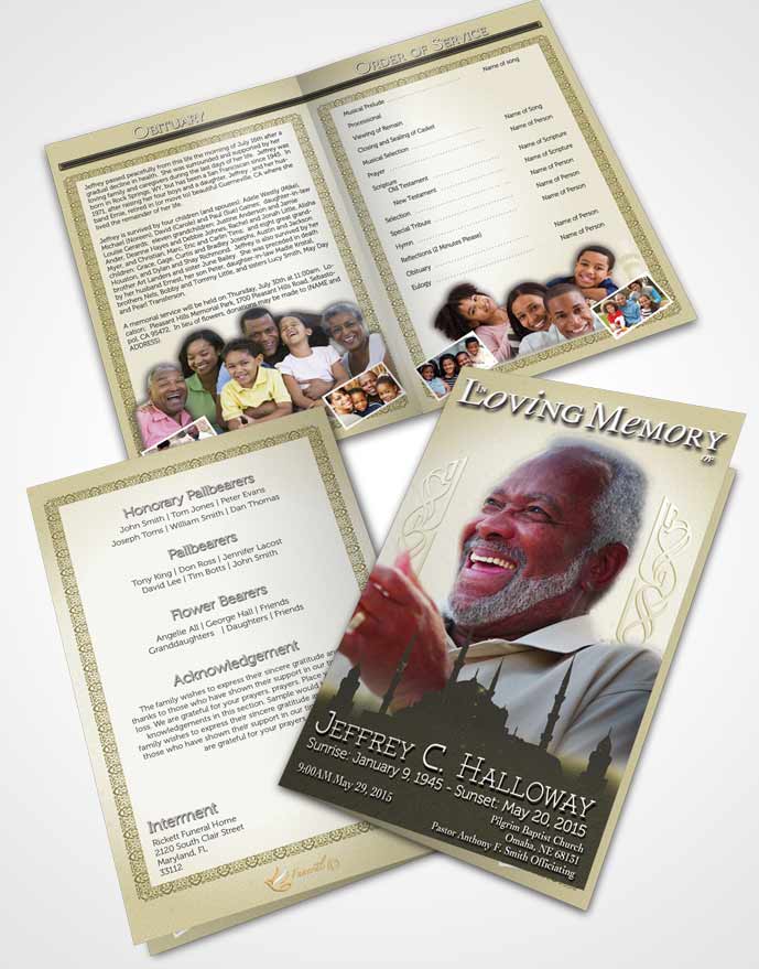 Bifold Order Of Service Obituary Template Brochure Rustic Islamic Serenity