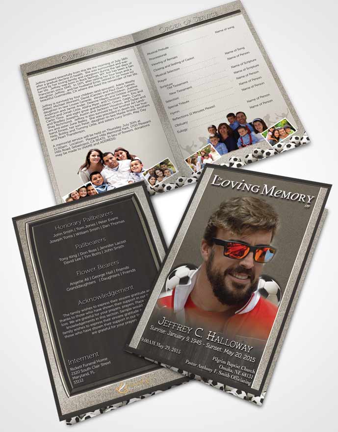 Bifold Order Of Service Obituary Template Brochure Rustic Soccer Star