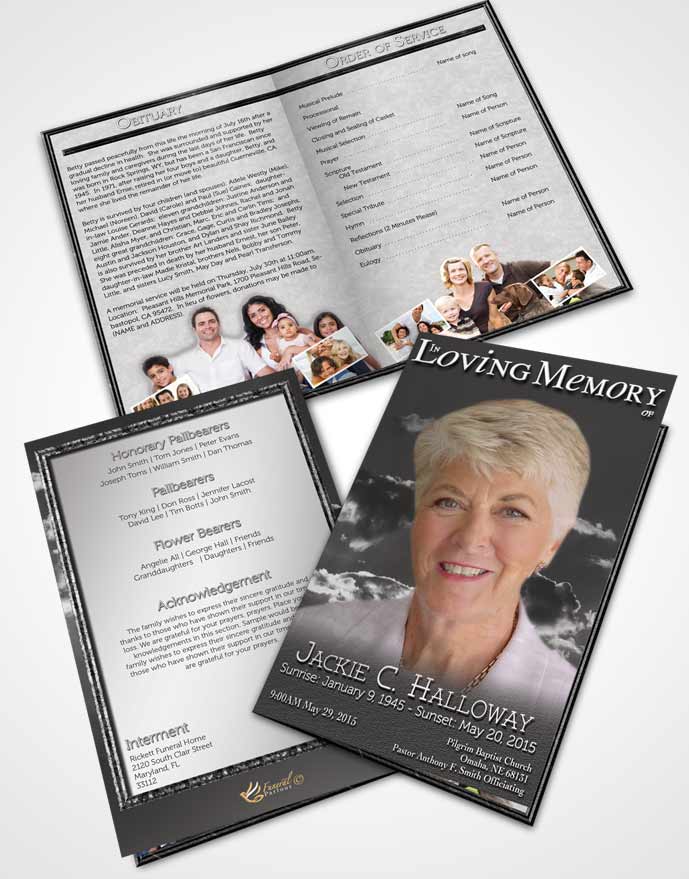 Bifold Order Of Service Obituary Template Brochure Black and White Shinning Clouds