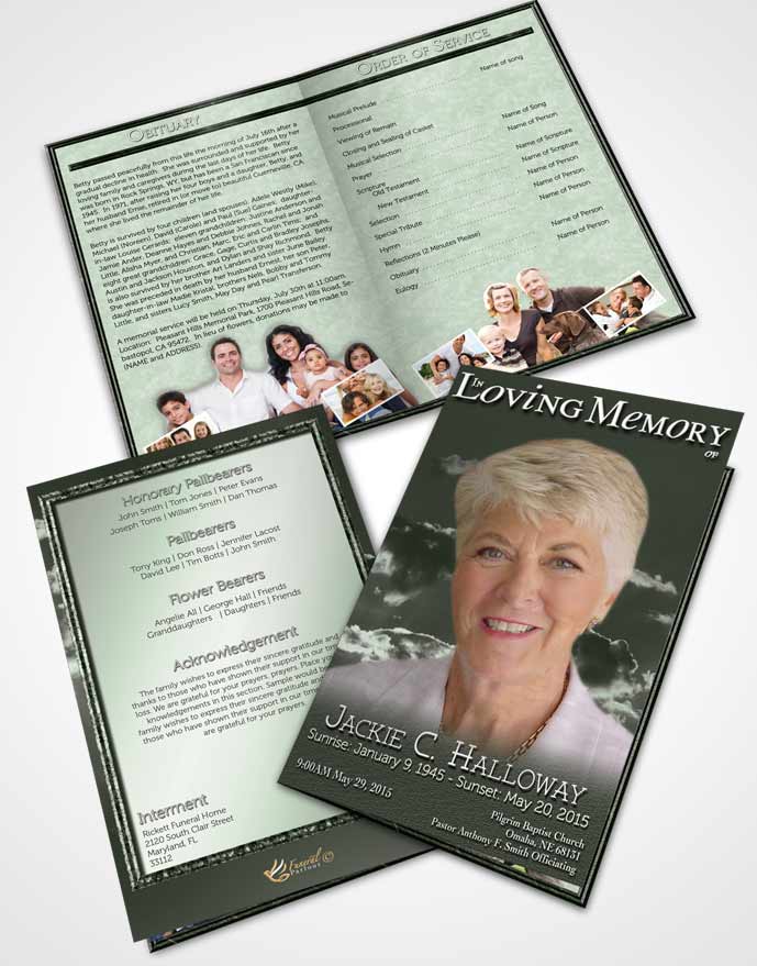 Bifold Order Of Service Obituary Template Brochure Emerald Shinning Clouds