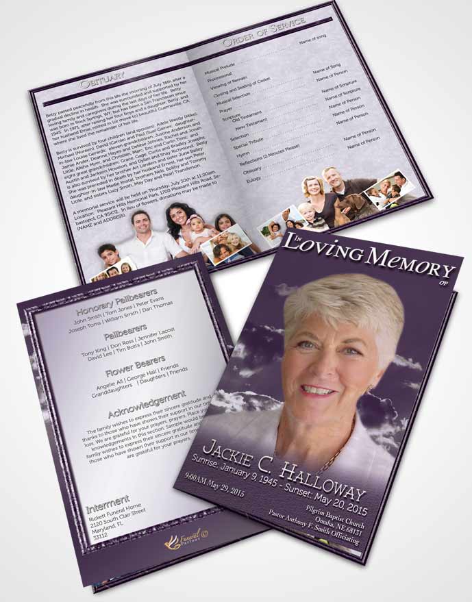 Bifold Order Of Service Obituary Template Brochure Shinning Lavender Clouds