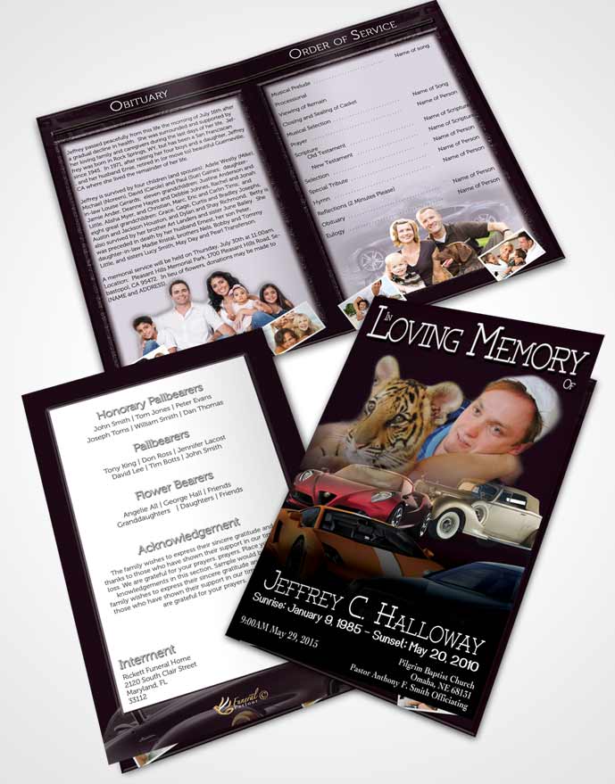 Bifold Order Of Service Obituary Template Brochure Soft Amethyst Car Enthusiast