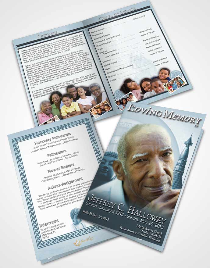 Bifold Order Of Service Obituary Template Brochure Soft Cyan Buddhist Faith