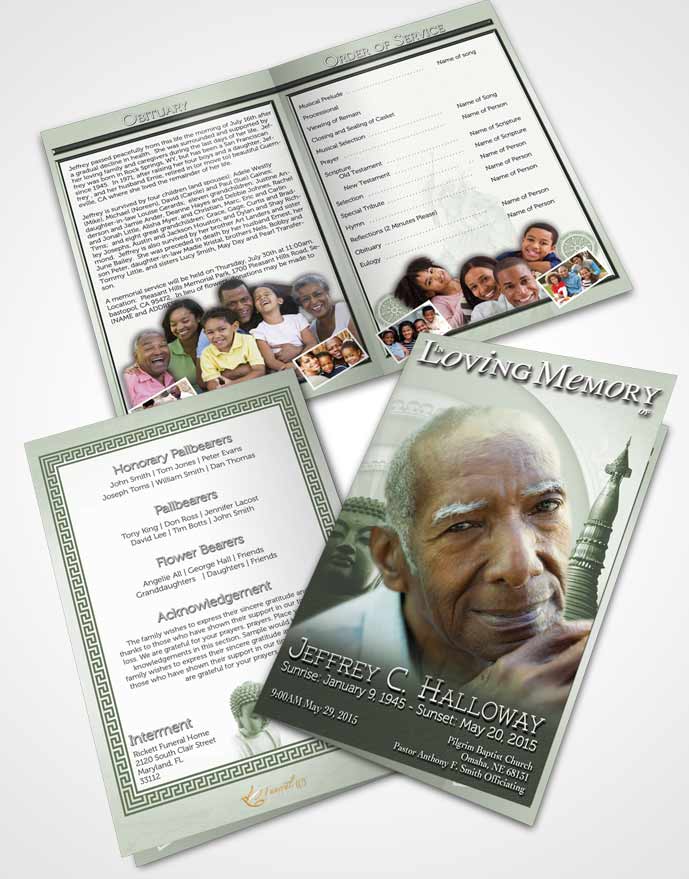 Bifold Order Of Service Obituary Template Brochure Soft Emerald Buddhist Faith