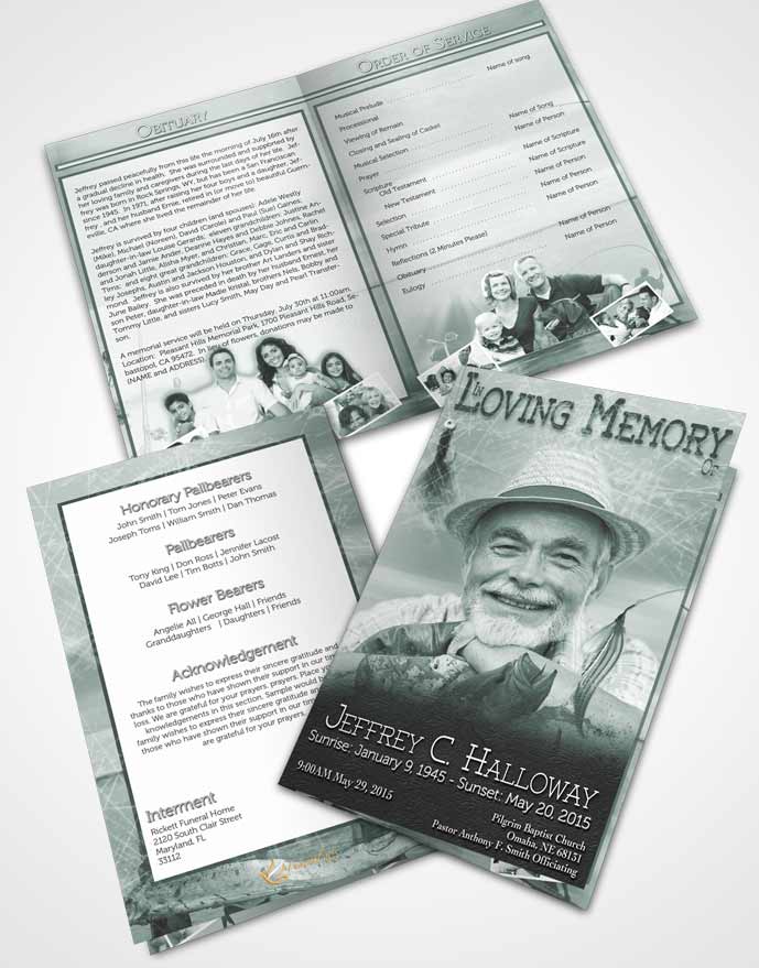 Bifold Order Of Service Obituary Template Brochure Soft Forest Waters Calm Fisherman