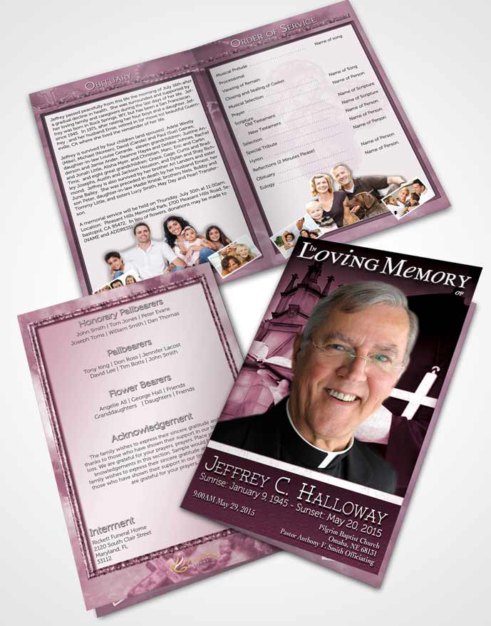 Bifold Order Of Service Obituary Template Brochure Soft Lavender Heavenly Priest