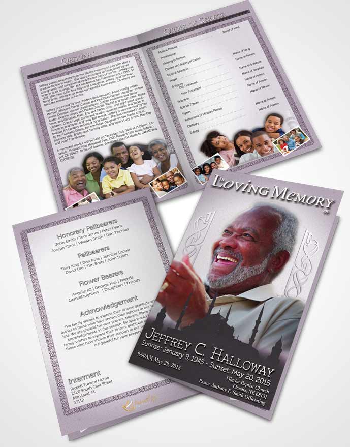 Bifold Order Of Service Obituary Template Brochure Soft Lavender Sky Islamic Serenity