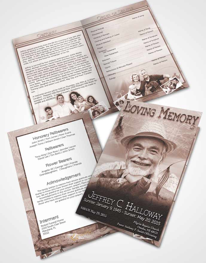 Bifold Order Of Service Obituary Template Brochure Soft Red Waters Calm Fisherman