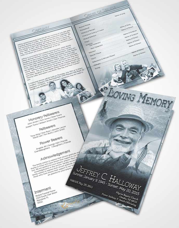 Bifold Order Of Service Obituary Template Brochure Soft Turquoise Waters Calm Fisherman