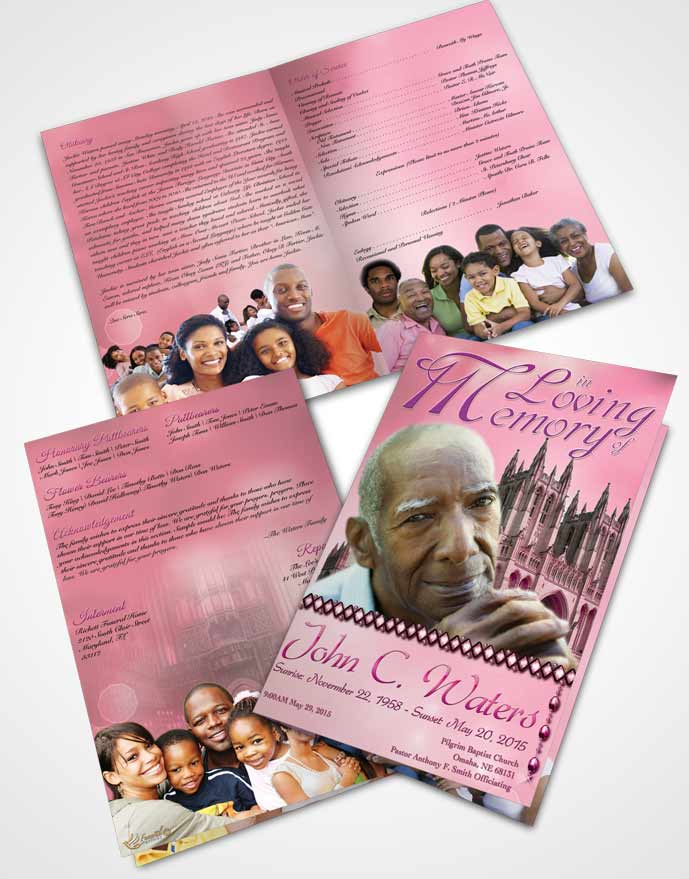Bifold Order Of Service Obituary Template Brochure Spring Cathedral Pink Lust