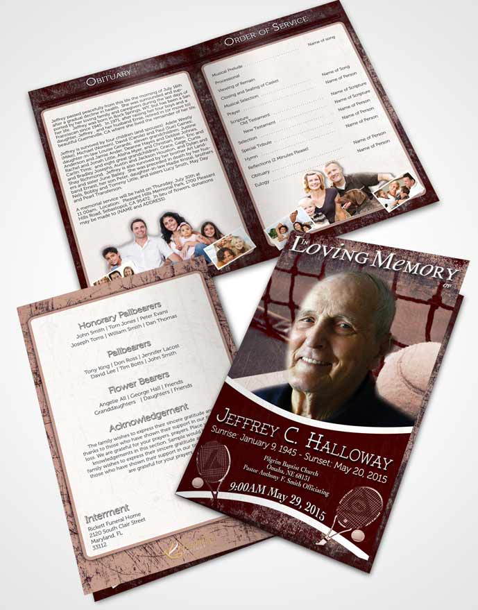 Bifold Order Of Service Obituary Template Brochure Strawberry Sky Tennis Star