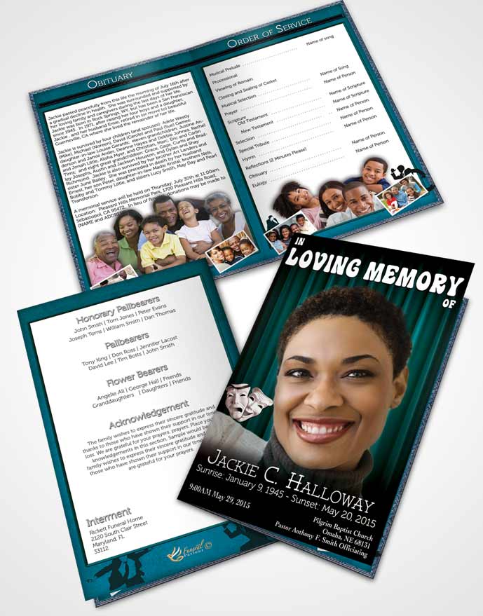 Bifold Order Of Service Obituary Template Brochure Turquoise Actor