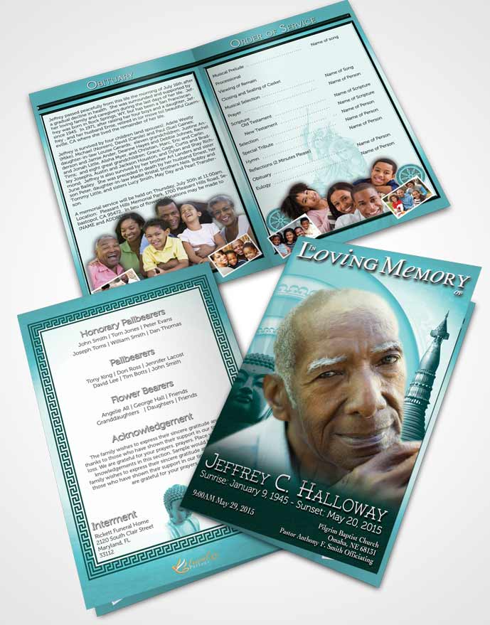 Bifold Order Of Service Obituary Template Brochure Turquoise Buddhist Faith