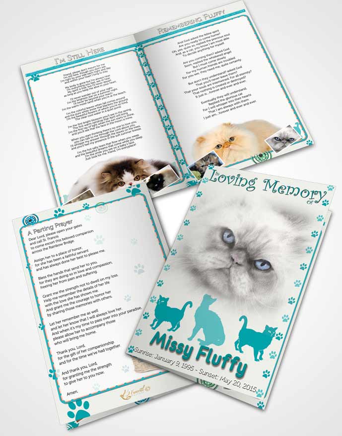 Bifold Order Of Service Obituary Template Brochure Turquoise Fluffy Cat