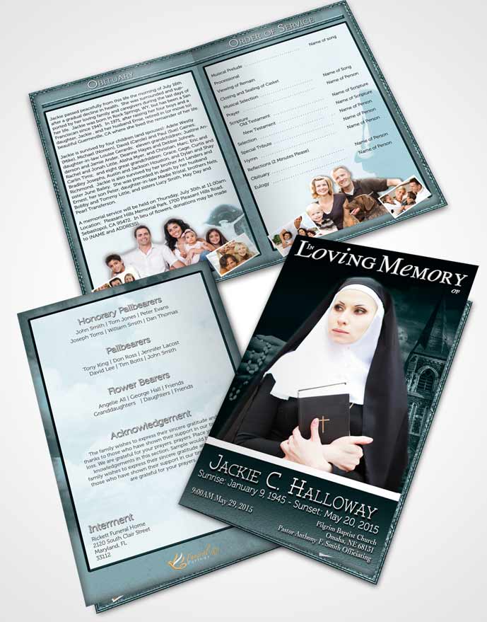 Bifold Order Of Service Obituary Template Brochure Turquoise Heavenly Nun