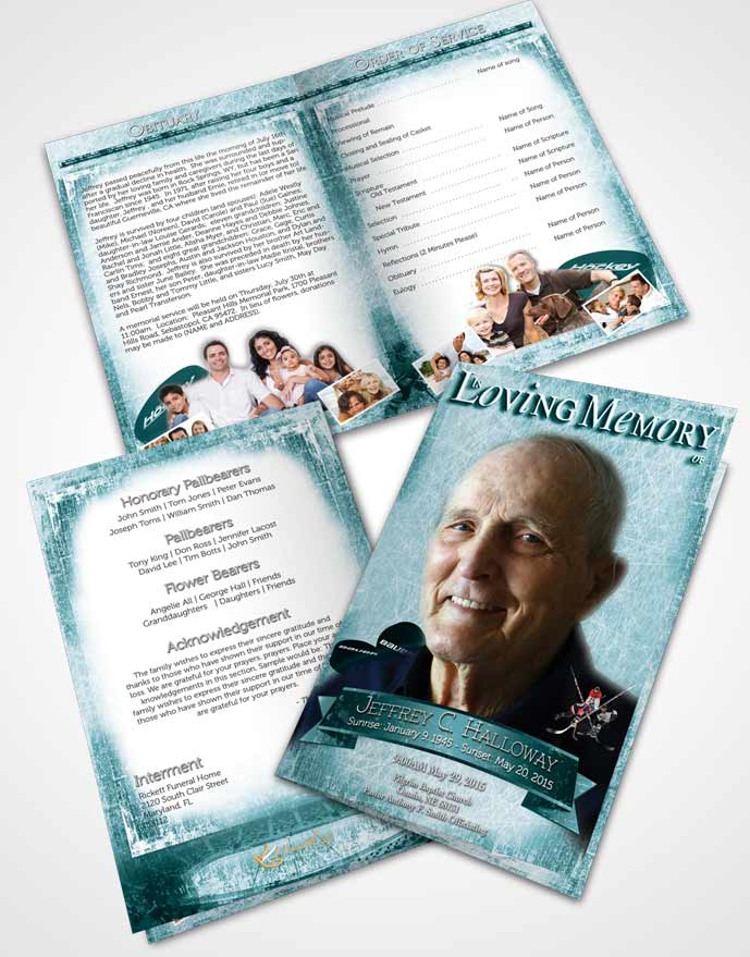 Bifold Order Of Service Obituary Template Brochure Turquoise Hockey Star