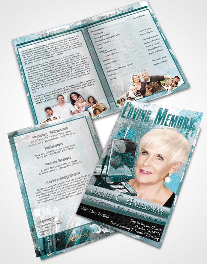 Bifold Order Of Service Obituary Template Brochure Turquoise Ocean Painters Paradise