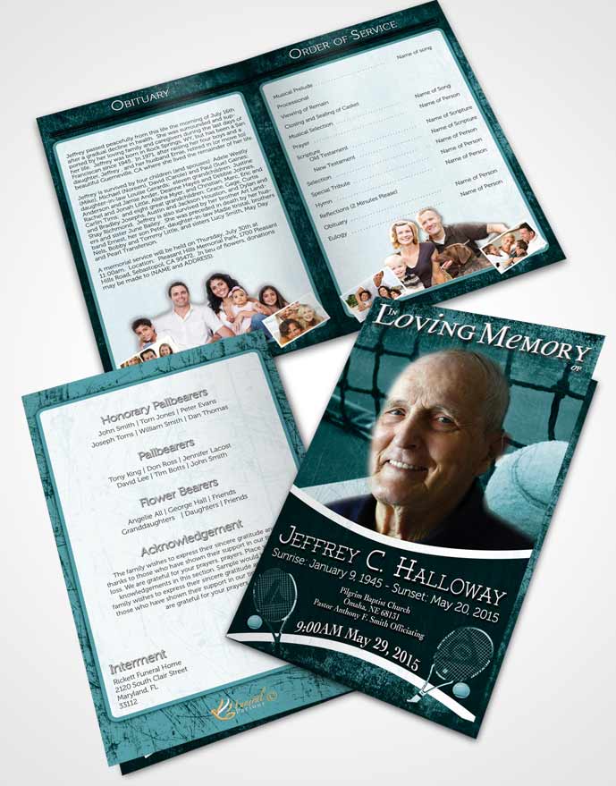 Bifold Order Of Service Obituary Template Brochure Turquoise Serenity Tennis Star