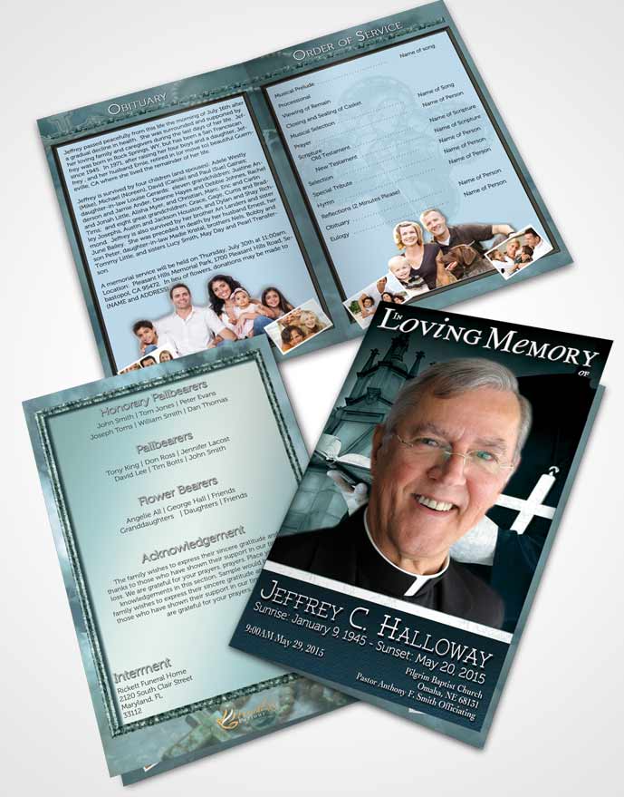 Bifold Order Of Service Obituary Template Brochure Turquoise Sky Heavenly Priest