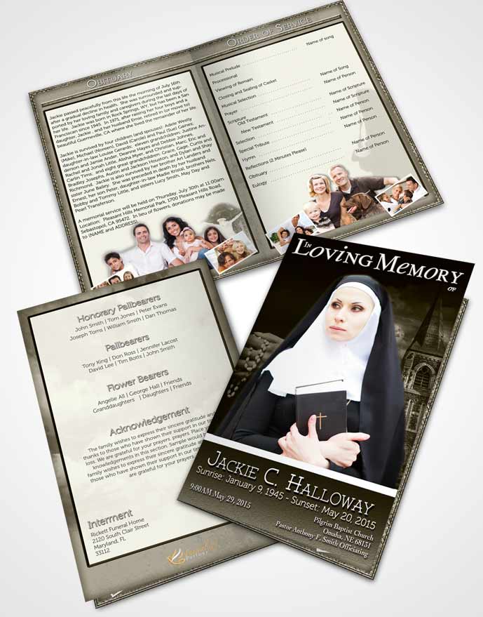 Bifold Order Of Service Obituary Template Brochure Vintage Heavenly Nun