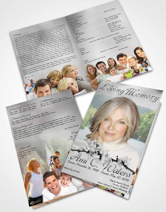 Bifold Order Of Service Obituary Template Brochure Waterfall Heaven Black and White