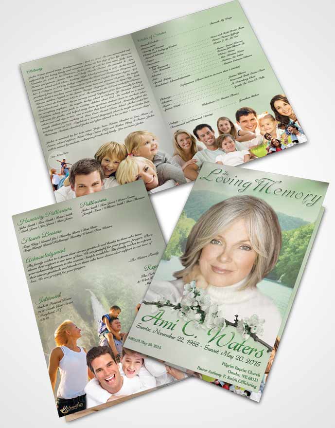 Bifold Order Of Service Obituary Template Brochure Waterfall Heaven Emerald Glow