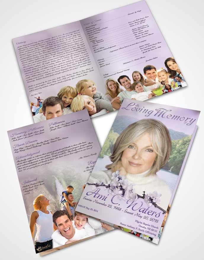 Bifold Order Of Service Obituary Template Brochure Waterfall Heaven Lavender Honor
