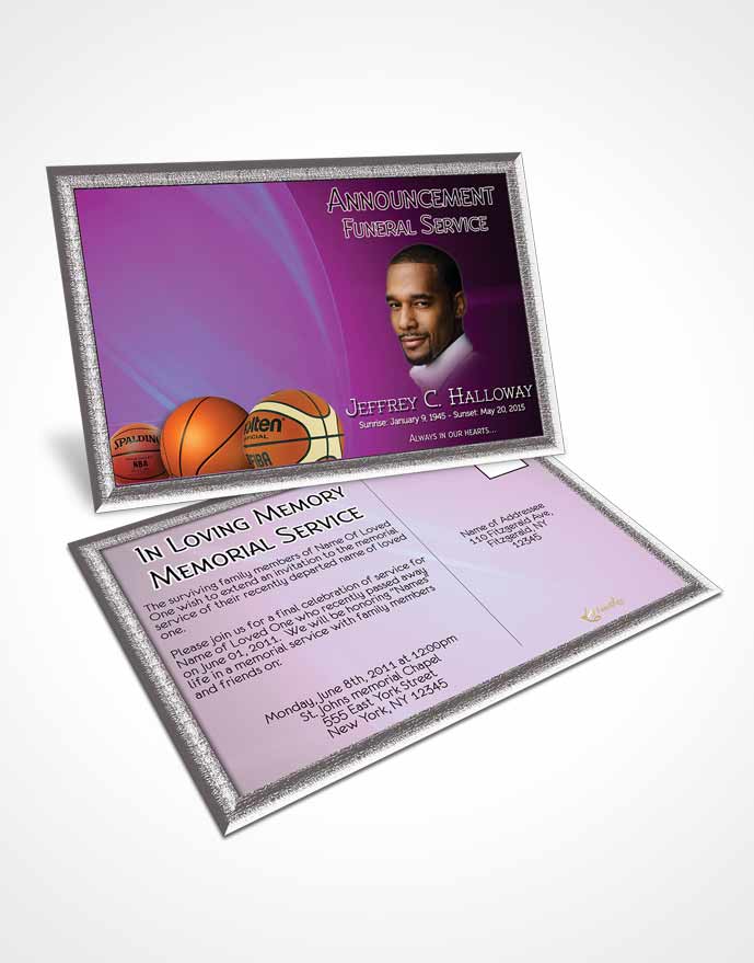 Funeral Announcement Card Template Amethyst Rain Basketball Lover Dark