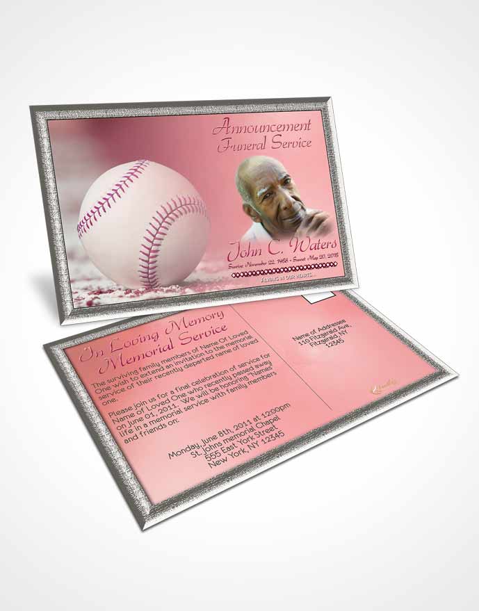 Funeral Announcement Card Template Baseball Day Pink Sunset