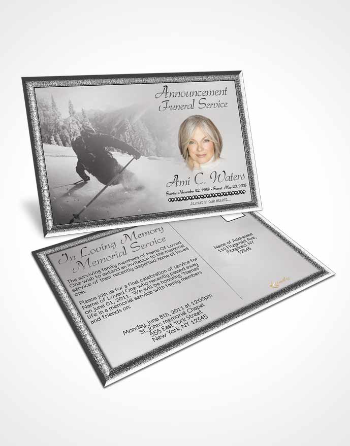 Funeral Announcement Card Template Black and White Downhill Skiing