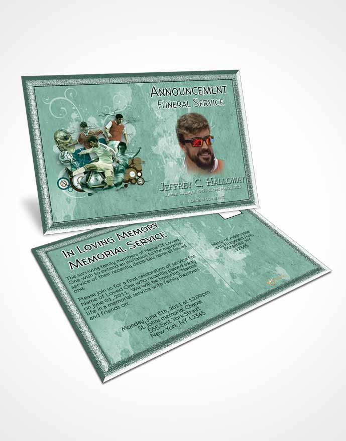 Funeral Announcement Card Template Brilliant Emerald Sky Soccer Superstar