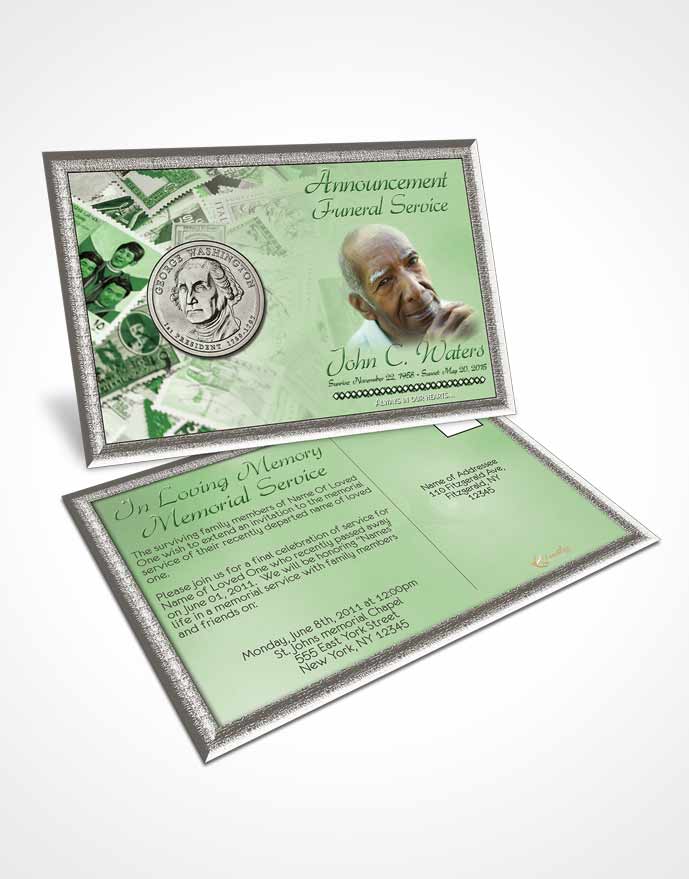 Funeral Announcement Card Template Collecting Stamps and Coins Emerald Glow