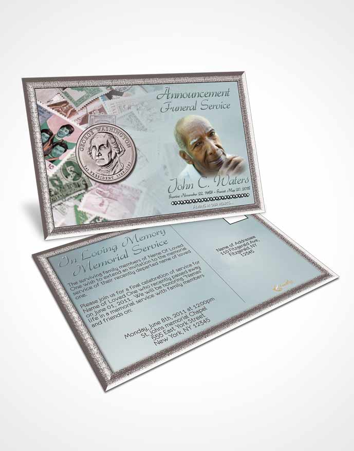 Funeral Announcement Card Template Collecting Stamps and Coins Gentle Breeze