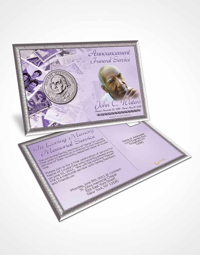 Funeral Announcement Card Template Collecting Stamps and Coins Lavender Honor