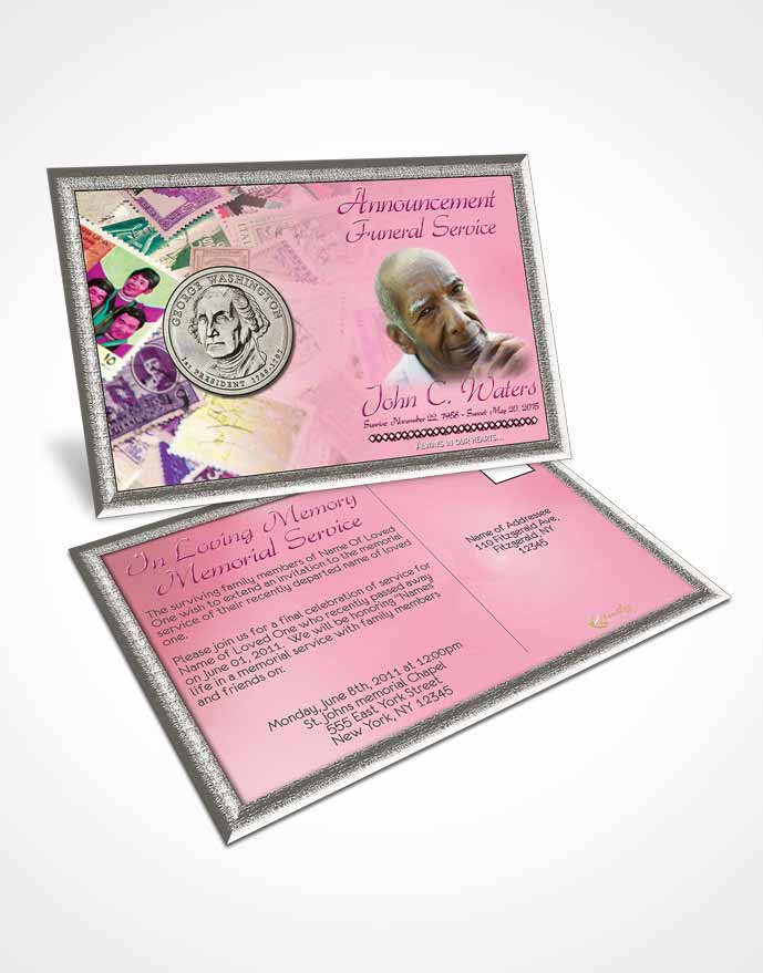 Funeral Announcement Card Template Collecting Stamps and Coins Pink Lust