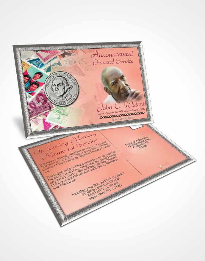 Funeral Announcement Card Template Collecting Stamps and Coins Ruby Sunset