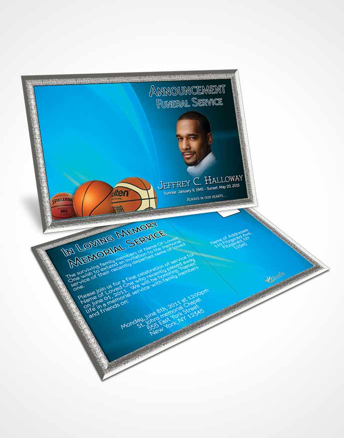 Funeral Announcement Card Template Cyan Basketball Lover Dark