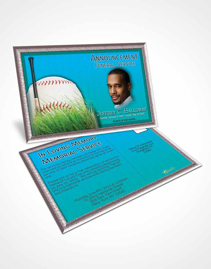 Funeral Announcement Card Template Cyan Breeze Baseball Star Dark