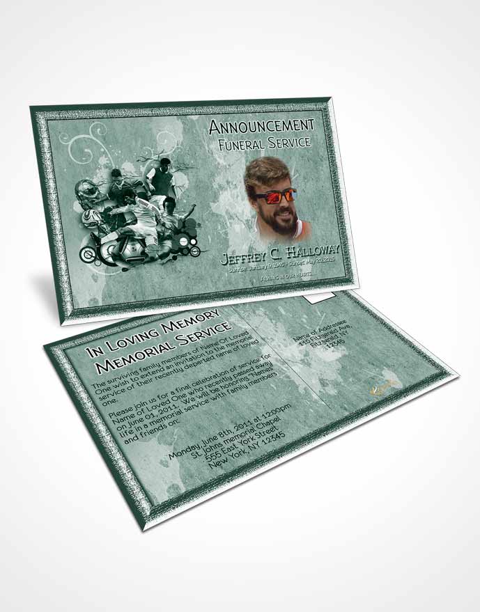 Funeral Announcement Card Template Deep Emerald Sky Soccer Superstar