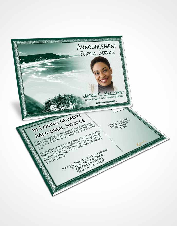 Funeral Announcement Card Template Emerald Ocean Beach