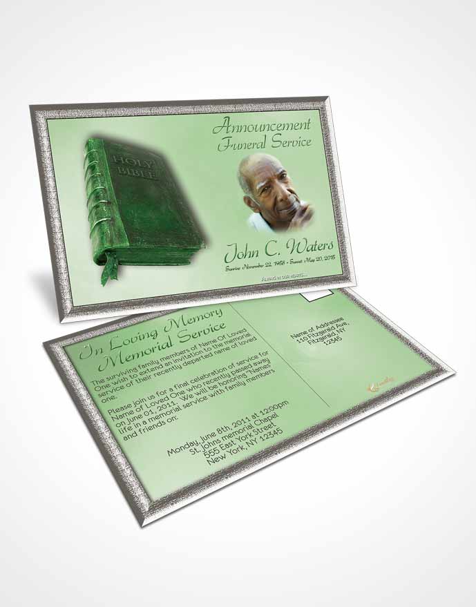 Funeral Announcement Card Template Holy Bible Emerald Glow