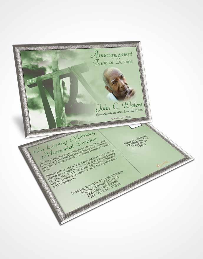 Funeral Announcement Card Template On The Cross Emerald Glow