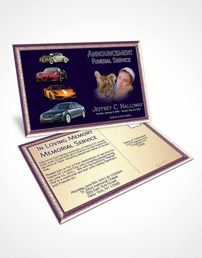 Funeral Announcement Card Template Purple Star Car Enthusiast