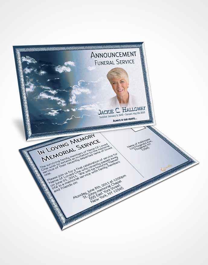 Funeral Announcement Card Template Shining Turquoise Clouds