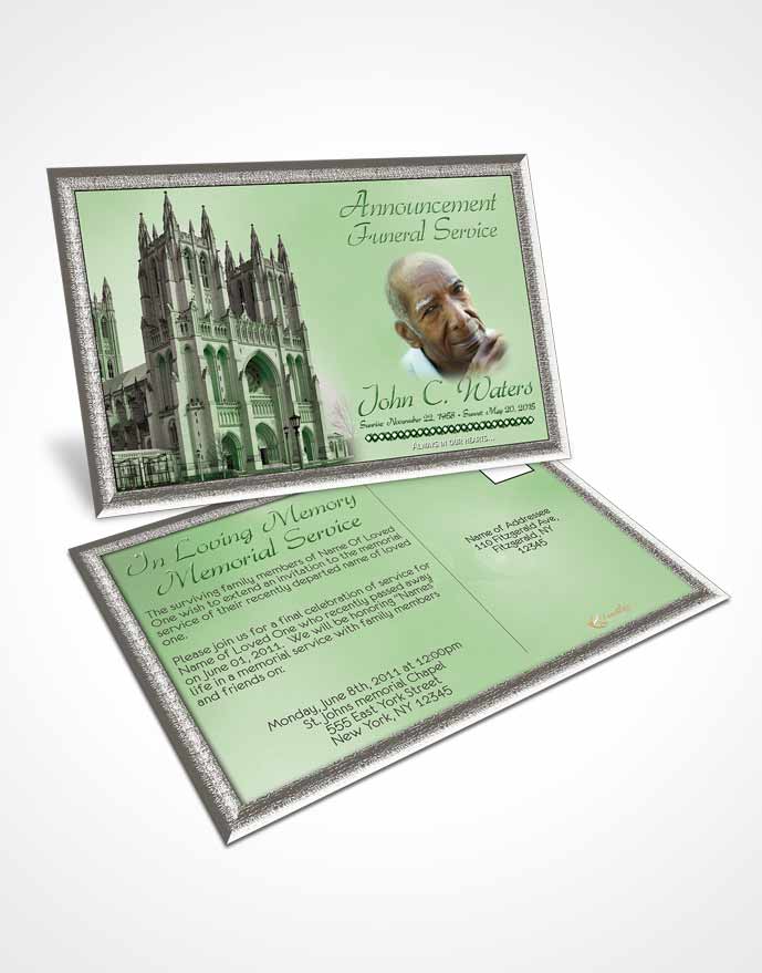 Funeral Announcement Card Template Spring Cathedral Emerald Glow